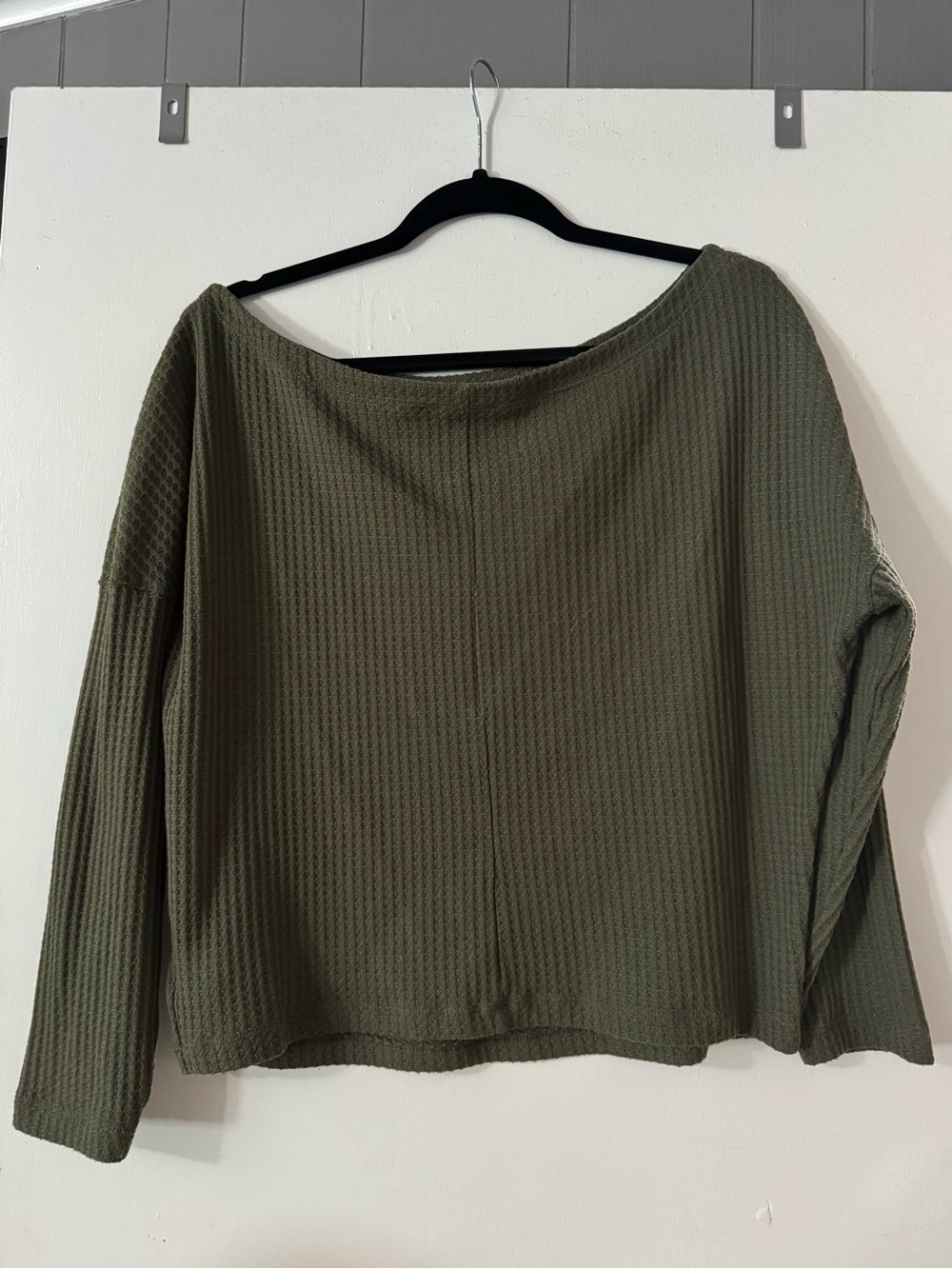 Express Olive Green Waffle Knit Boatneck Long Sleeve Top